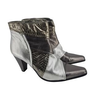 Vintage Bellini Patchwork Metallic Gray Heeled Leather Snake Ankle Boot Bootie 7